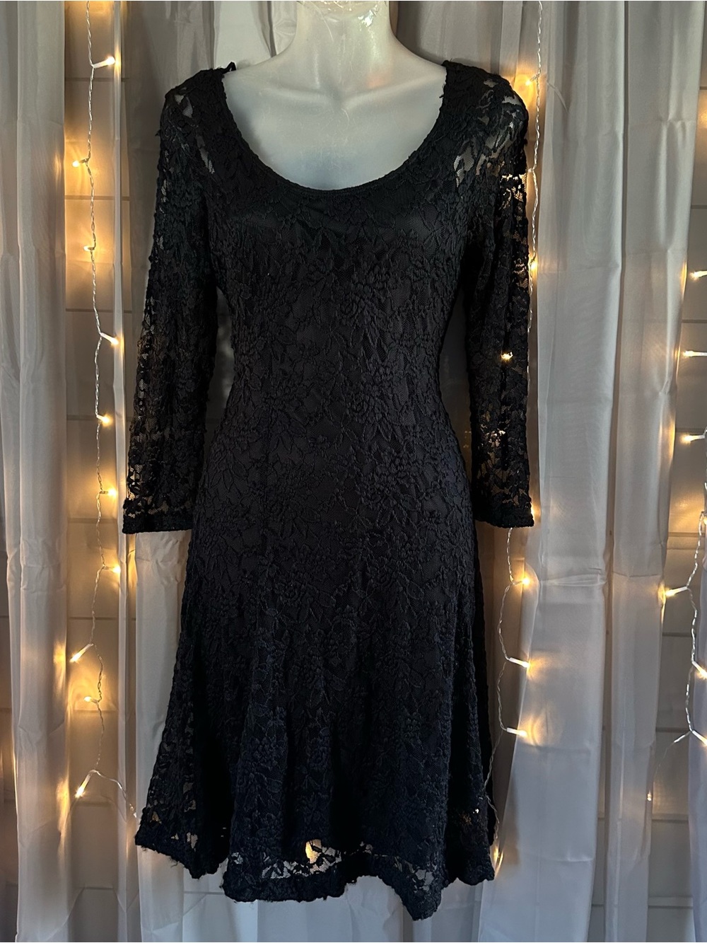 90s Rods western black nylon lace quarter sleeve midi dress Sz M